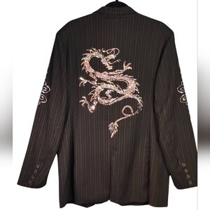Urban Outfitters Black Pinstripe Silver Sequined Dragon Blazer, Ladies XL